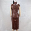 New Fashionable Solid Color Dark Brown High Neck PU Leather Sleeveless Waist Bag Hip Slit Dress For Women