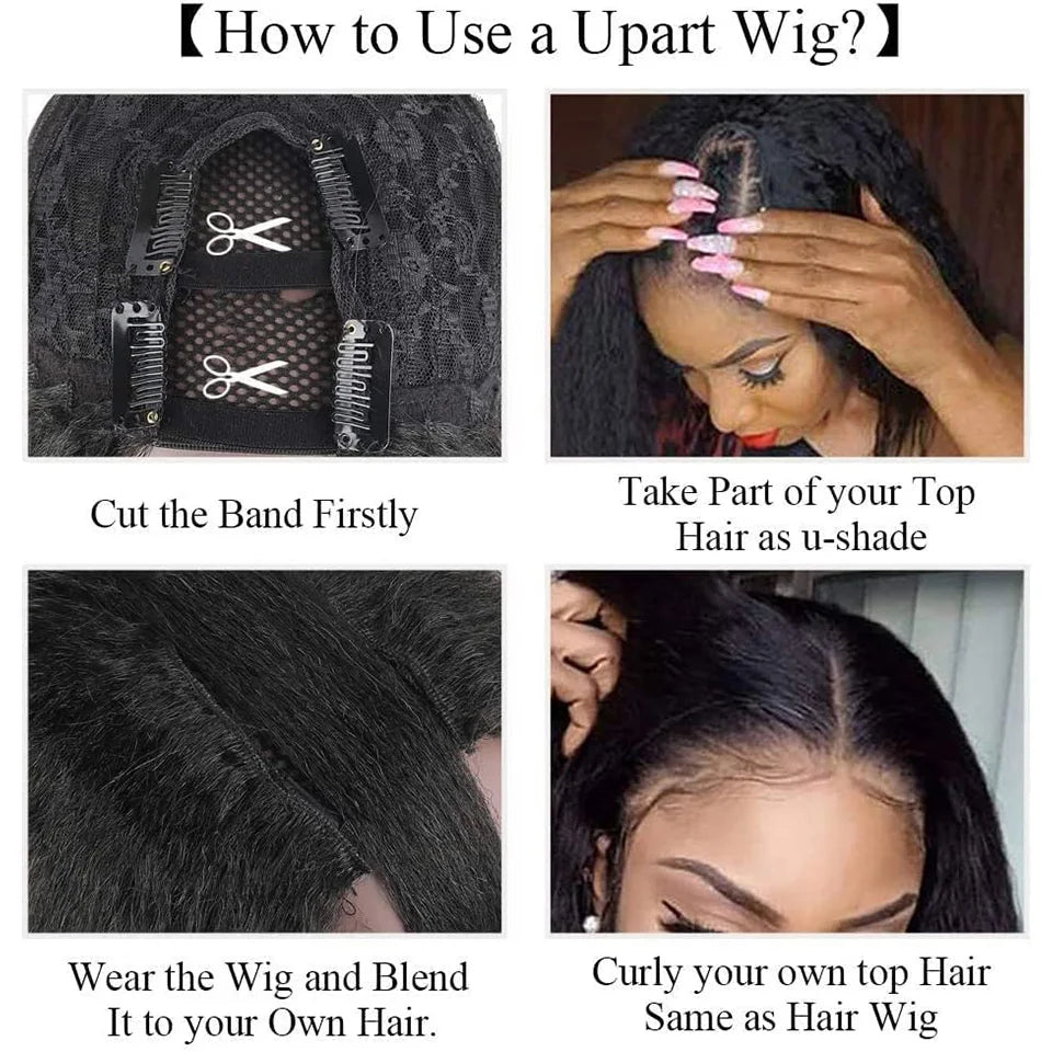 Yaki Straight U-Part-Perücken für schwarze Frauen, Kinky Straight U-Part-Perücke Echthaar Kurz Schwarz Braun U-Part-Perücke Kinky Straight Clip