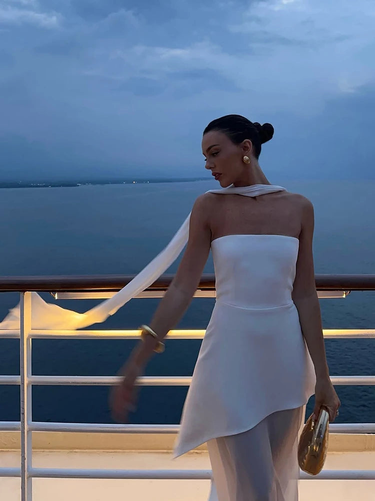 TARUXY Mode Trägerloses Kleid mit Band Frauen Elegantes Ärmelloses Mesh Strand Urlaub Langes Kleid Frühling 2025 Neues Damenkleid
