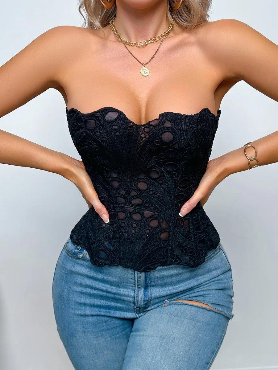 SsTss American Court Corset Sheer Mesh Breathable Corset Sexy Top Hollow Irregular Lace Double Layer Shapewear Chic Camis Top