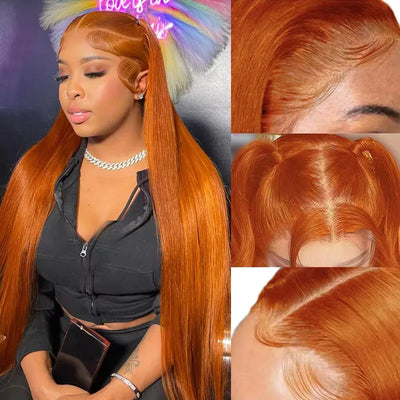 34 Zoll Orange Ingwer Lace Front Perücken Echthaar für Frauen Glatt 13x4 13x6 Lace Frontal Perücke 350 Farbig Vorgezupft Peruanisch