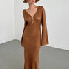 Sexy Women Long Knit Beach Dress Hollow-Out Deep V-Neck Long Sleeve Bikini Cover-Ups Dress Fall Backless Holiday Dress