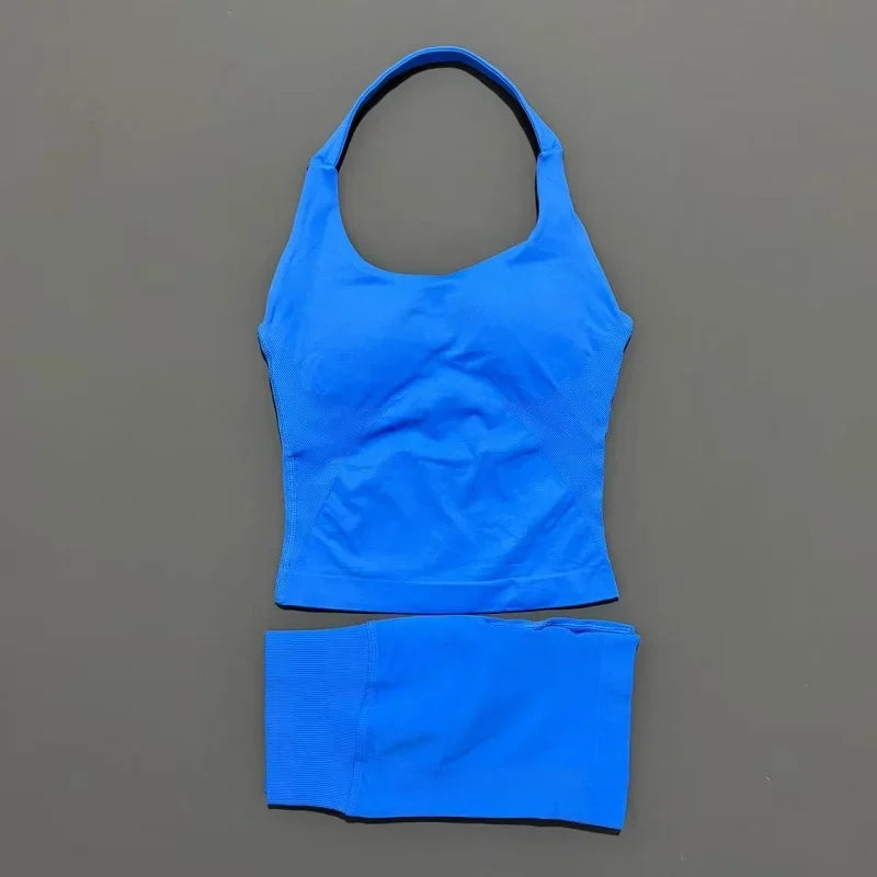 2 Pieces Sports Set Women Backless Halter Tops High Waist Seamless Hight Stretch Shorts Gym Suit Sportswear Workout Sets
