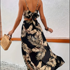 Ärmelloses Damenkleid mit tiefem V-Ausschnitt, bedruckt, hohe Schlitze, sexy Kleider, trendiger Halb-Rock, Damen-Set, leichtes, elegantes Sommer-Set