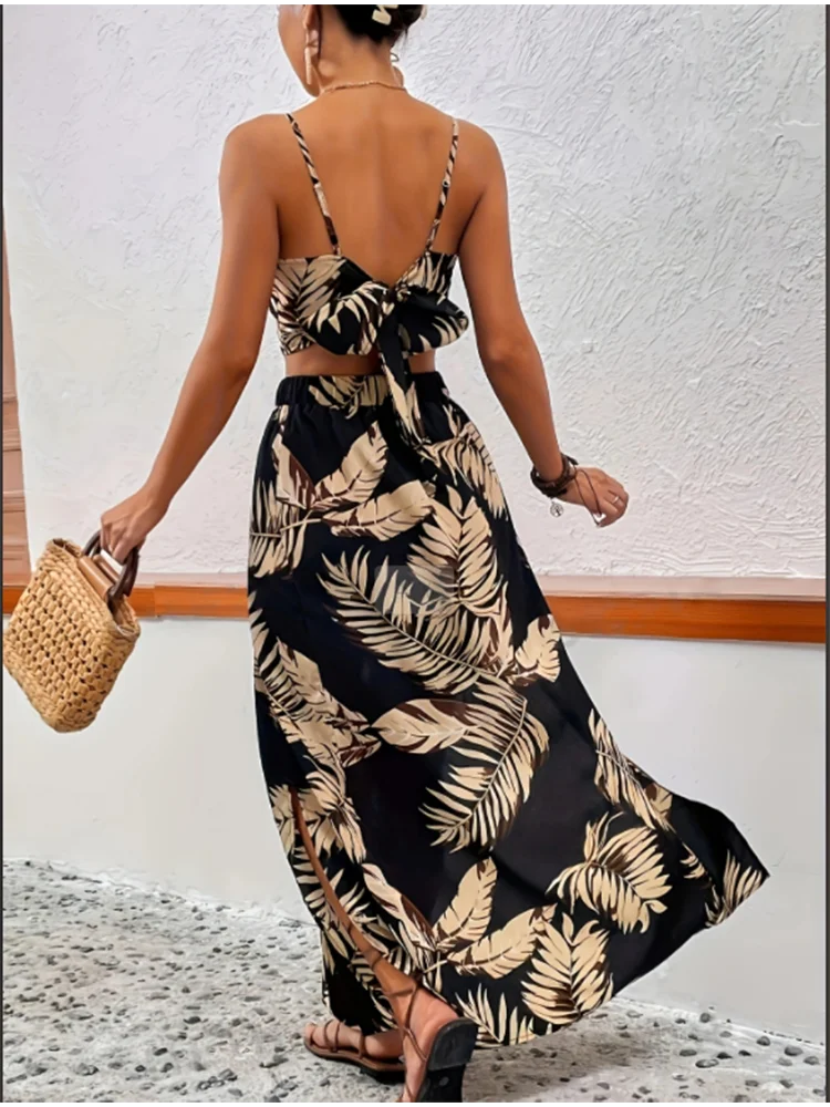Ärmelloses Damenkleid mit tiefem V-Ausschnitt, bedruckt, hohe Schlitze, sexy Kleider, trendiger Halb-Rock, Damen-Set, leichtes, elegantes Sommer-Set