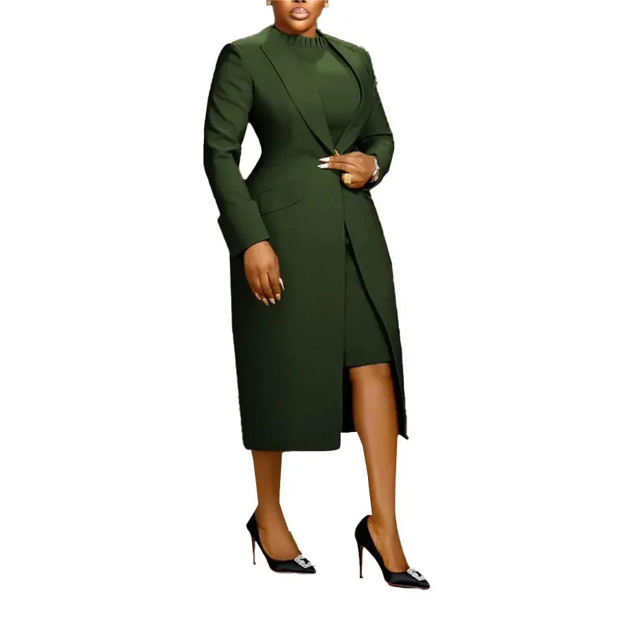 HLJ High Quality Elegant Office Lady Blazer Two Piece Sets Women Lapel Long Sleeve Coat And Slim Dress Outfit Female Clothing