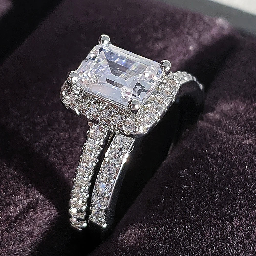 2023 New Luxury Silver Color Luxury Big Wedding Rings Set for Bridal Women Engagement Finger Party Gift Designer Jewelry R4428