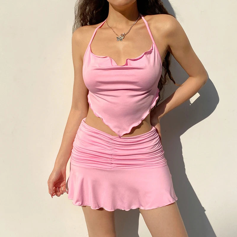 Bandage Halter Hot Sexy Navel Pink Crop Top 2021 Summer Sexy Female Art Print Sleeveless Fashion Slim Tight Party Club Outer