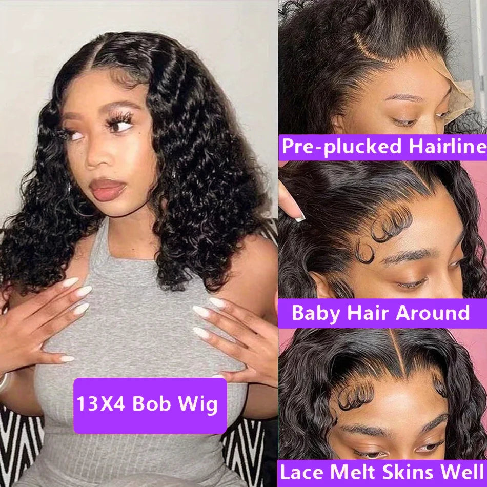13x4 Kurze Bob Perücke Echthaar Deep Wave 100% Brasilianische Lockige Echthaar Perücken Transparente Spitze Front Perücken Für Frauen Vorgezupft
