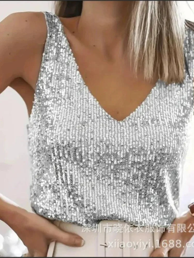Women's Summer New Item Solid Color Fashion Sequin Light Mature Sexy V-neck Sleeveless Camisole Vest Pullover Top