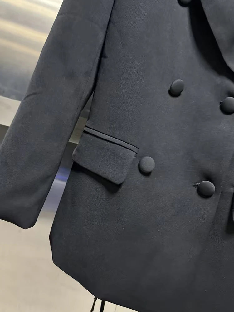 VGH Minimalistische Patchwork-Blazer mit Kordelzug für Damen, Revers, lange Ärmel, rückenfrei, ausgeschnittener Blazer im weiblichen Stil