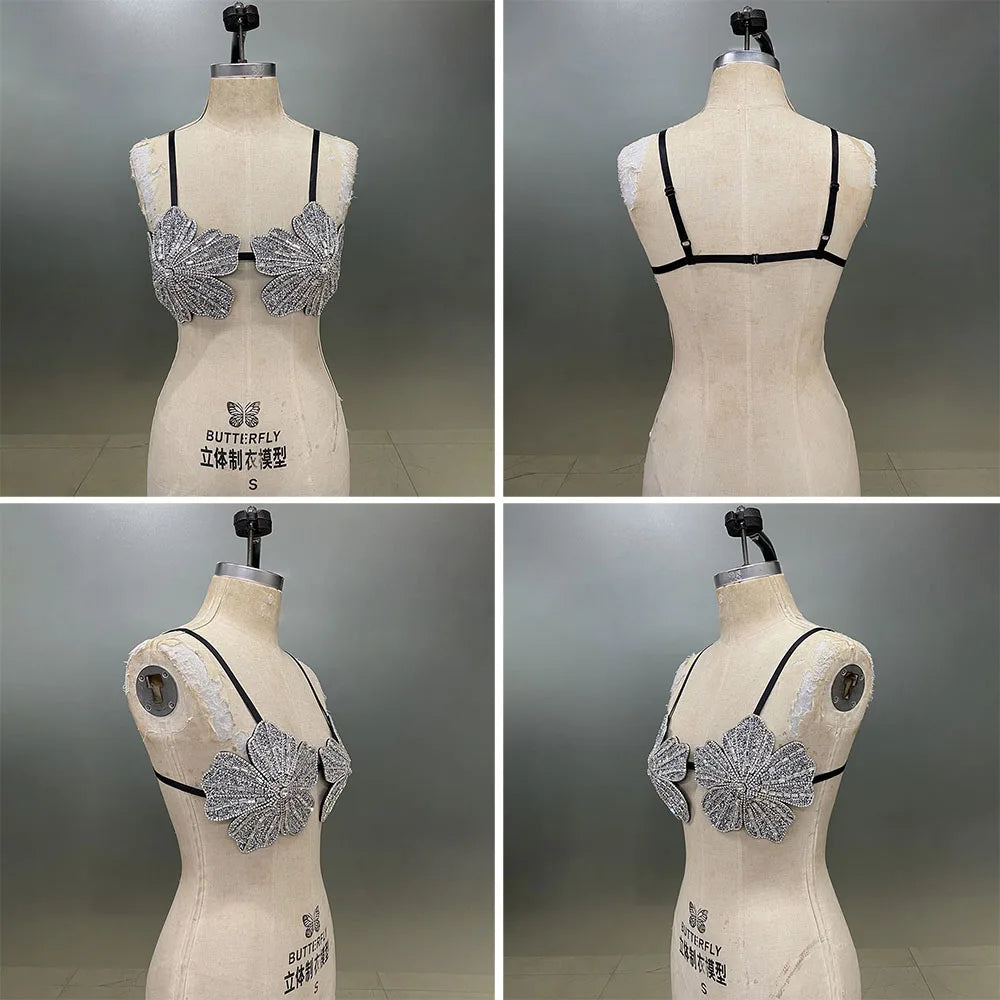 YOUR BUMP CURVE Handmade crystal bra flower embroidery inlaid metal rhinestones short top sexy women beach pool yacht sea party