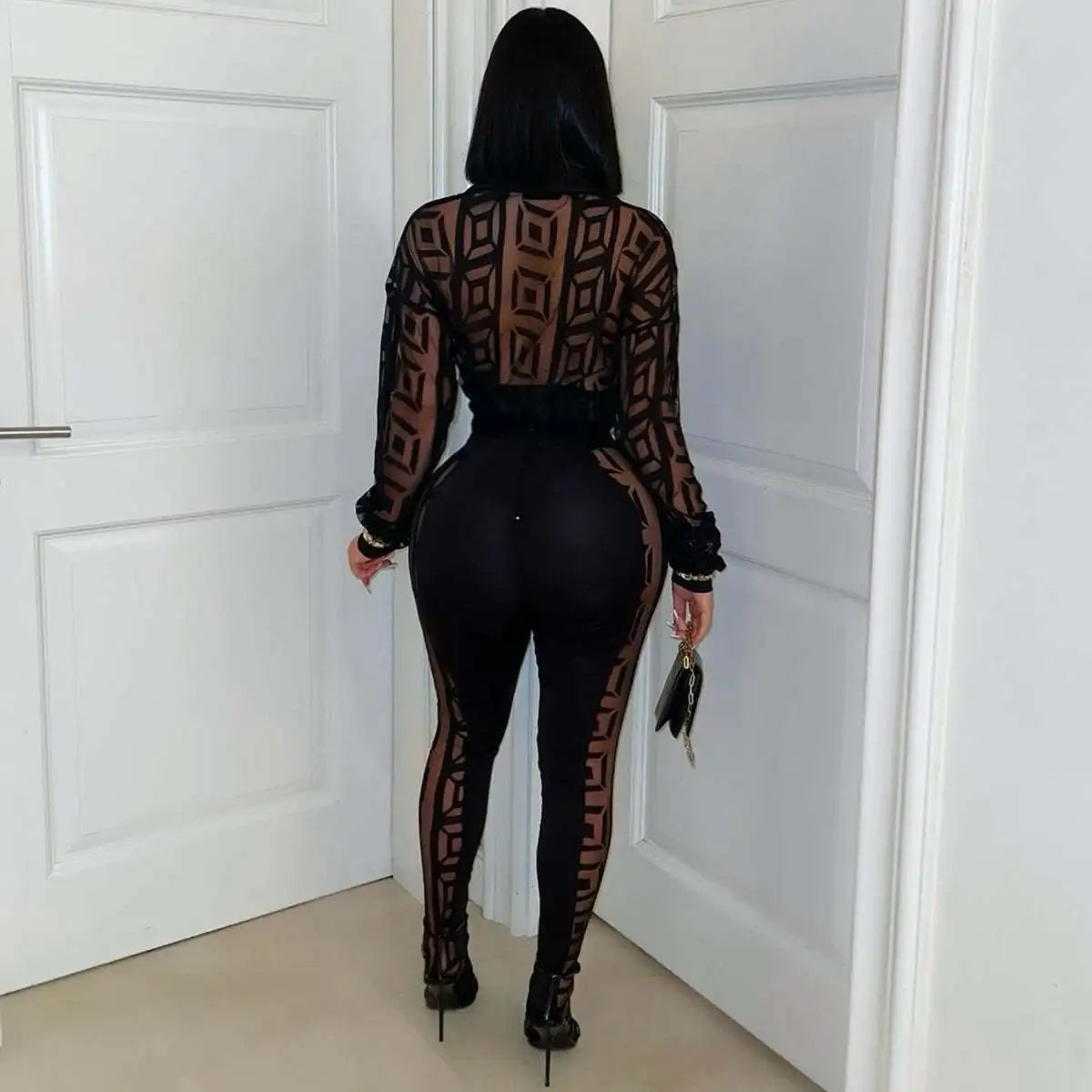 FAGADOER Sexy Mesh Damen 2-teiliges Set Outfit Durchsichtiges Langarm Crop Top + Skinny Hose Anzüge Weibliche Streetwear Kleidung Neu