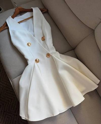 Elegant Sexy Mini Dress Women's Luxury Slim V-Neck Button Short Dresses Satin Evening Dress Summer Women Fashion Pleated Skirt