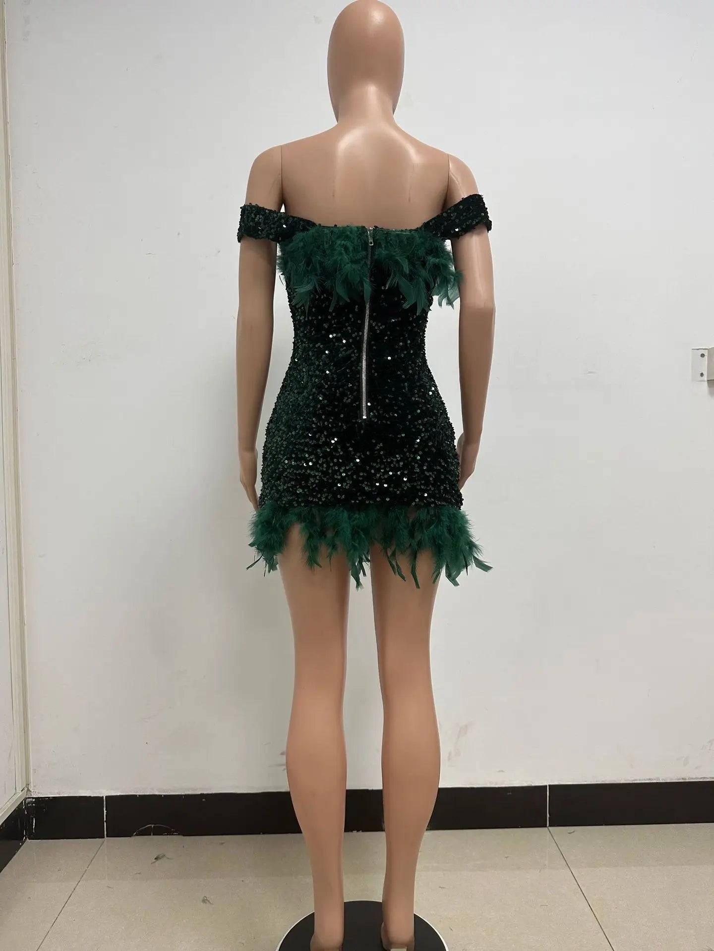 Damen Partykleid Ärmellos Glänzende Pailletten Feder Abendkleid Sexy schulterfrei rückenfrei Mini Formelle Ballkleider HXY8