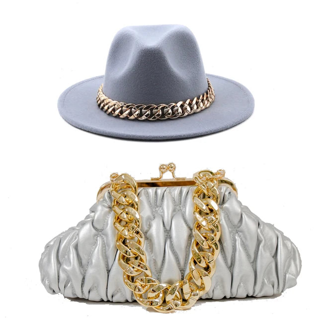Set Straw Hat and Bag Set Gold Chain Bag Hat Set Ladies Leather Bag Tote Church Fedora Party Jazz Straw Hat