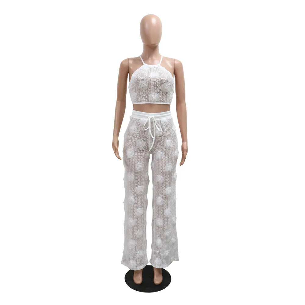 Women Two Piece Pant Sets Sexy Hollow Out Vest Sleeveless Tanks Tops Splice Long Pants Drawstring Streetwear Summer 2025