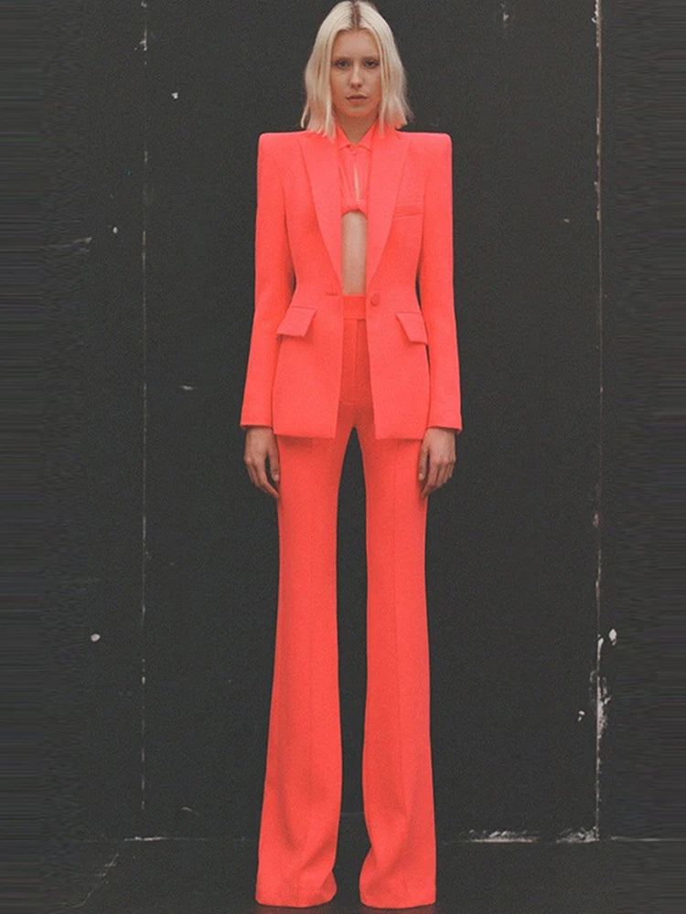 Pantsuit Suits Blazer Women Red Orange New Design Flare Pants Set Two Piece Sets Festival Office Business Female Suit Outfits