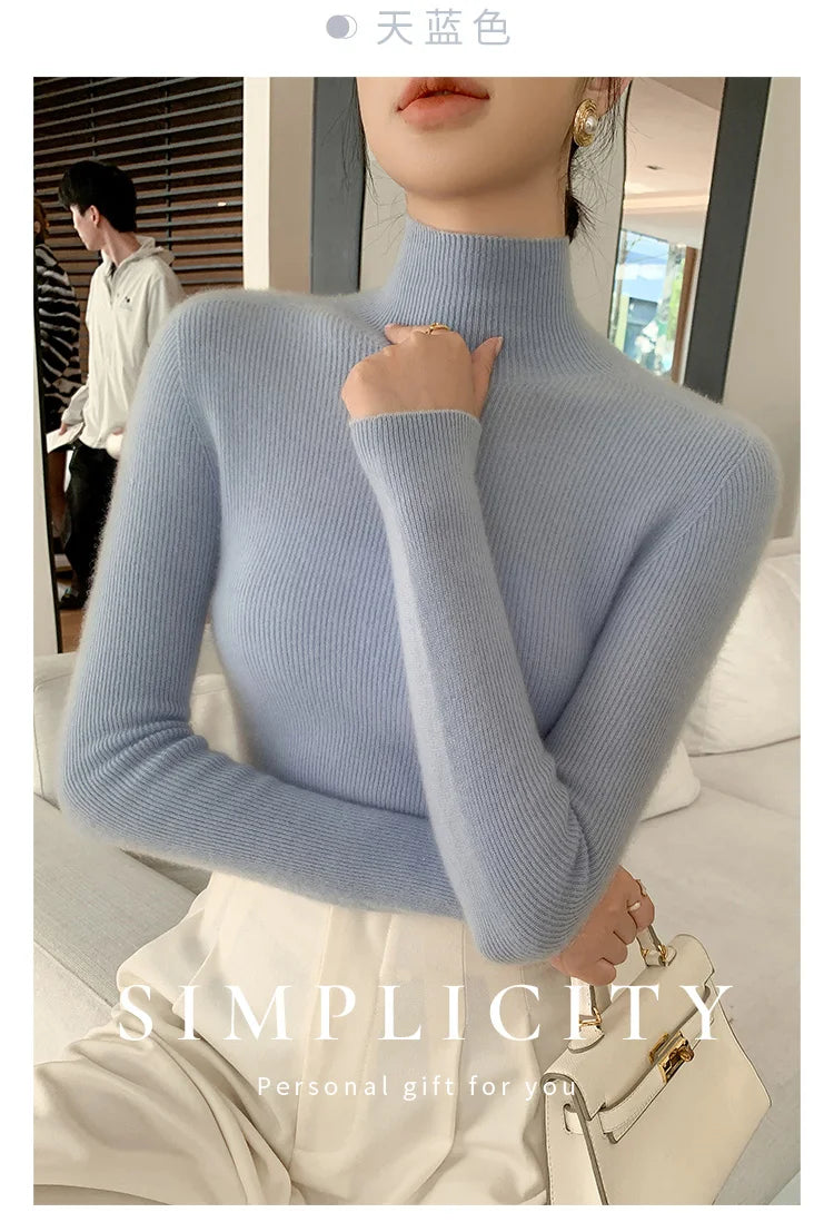Damen Rollkragen-Basics Kaschmirpullover Herbst Winter Pullover 100% Merinowolle Strickwaren Damen Weicher schmaler Strick Neuer Top