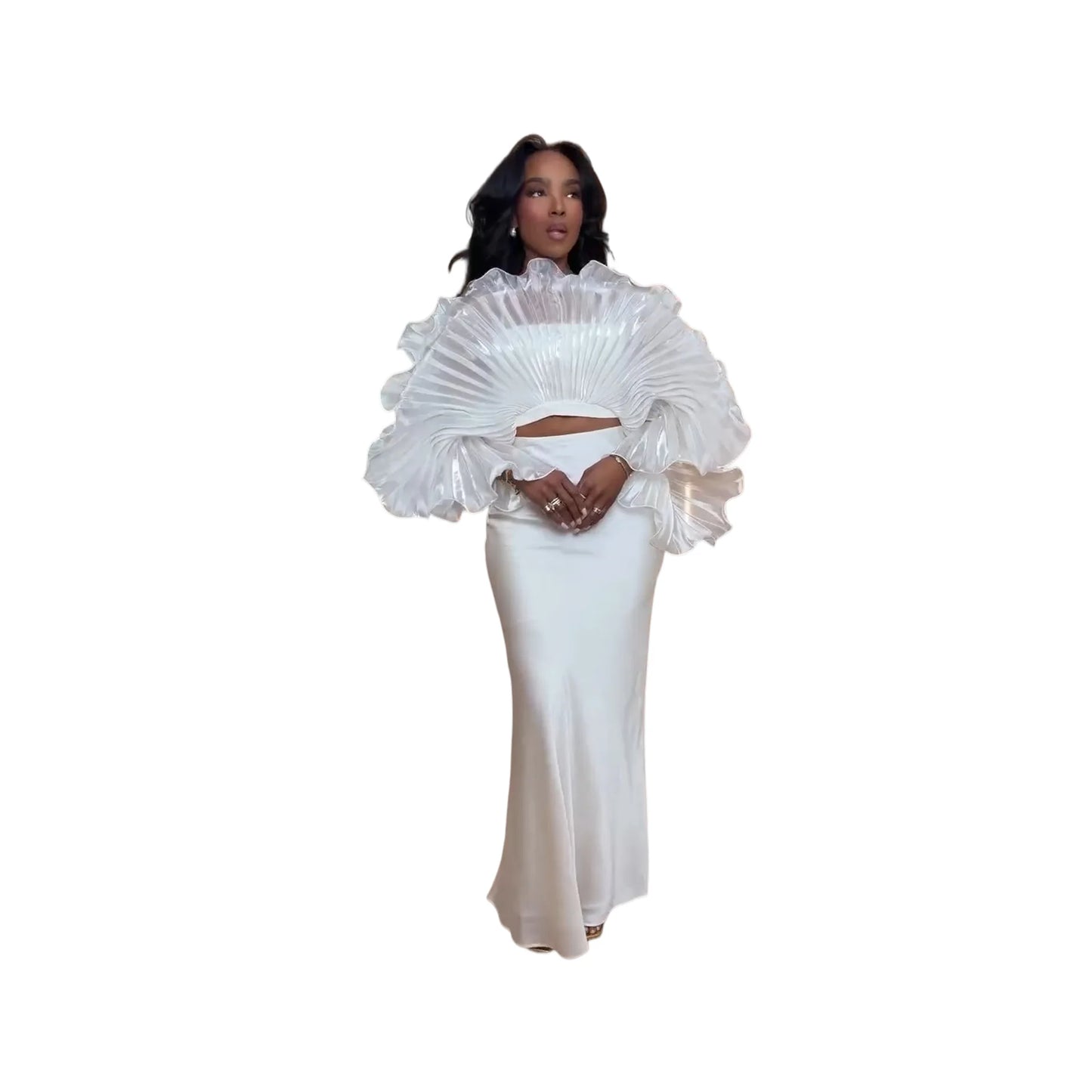 White Pleated Ruffle Crop Top Women Oversized Fan Sleeve Stand Collar Elegant Formal Evening Party Blouse
