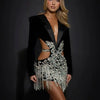 2024 Luxus Diamanten Quasten Sexy Cut-Out Gekerbte Schwarze Minikleid Damen Abendparty Vestido Feiern Club Party Outfit