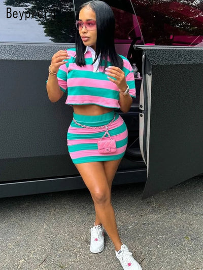 Beyprern Stylish Green Blue Striped Polo Skirt Set Two-Piece Dress For Women Short Sleeve Striped Tracksuits Set Night Clubwear