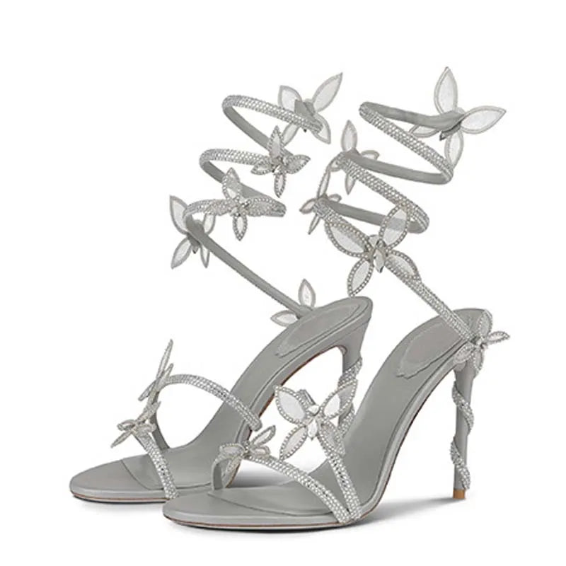 Eilyken Sexy Kristall Schmetterlingsknoten Knöchelriemen Sandalen Damen Mode Offene Spitze Stiletto High Heels Bankett Party Pumps Schuhe
