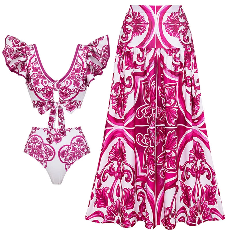 Flaxmaker Long Sleeves Majolica Series Pattern Print One Piece Swimsuit Biquini Beachwear Women Sexy Bikini Sets Swimsuit