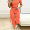 Tight Solid Color Two Piece Set Women Cropped T Shirt Slim Long Pants Pocket Ladies Sets 2025 Spring Summer Sportswear