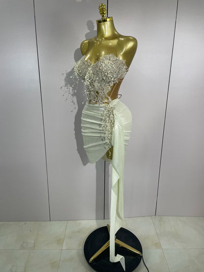 STOCK Luxury Shining Pearls Sexy Asymmetrical Skirt 2 PCS Set 2025 Women Evening Birthday Party Stage Dancer Performance Costume