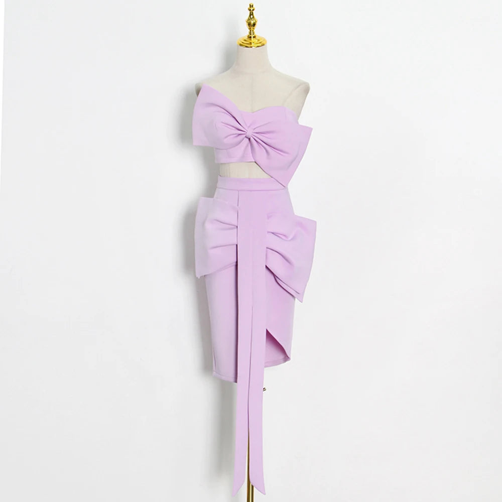 VGH Strapless Slim Solid Sets For Women Sleeveless High Waist Patchwork Bow Top Irregular Sexy Mini Two Piece Set Female Clothes