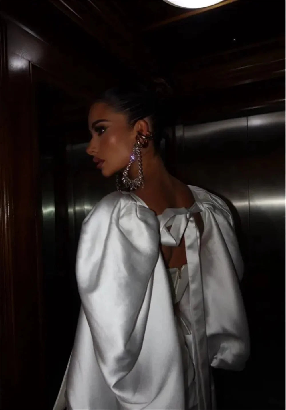 Bafftafe 2 Pieces Satin Prom Party Dresses Puff Long Sleeves Above Knee Customized Bride Gowns Special Wedding Photography Wear