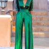 Bonboho Women's Solid Color Jumpsuit Deep V-neck Three-Quarter Sleeves High Waist Wide Leg Oe-piece Suit Summer Casual Jumpsuits