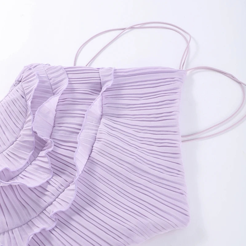 Chic pleated halter neck long vacation dress high quality purple strapless Lotus Edge Maxi Dress 2026 New Lady Vacation Gowns