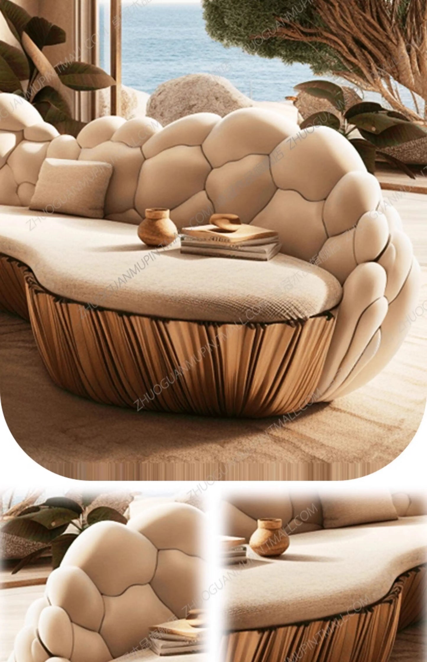 Französisches, leicht luxuriöses, halbkreisförmiges, geschwungenes Villa Wohnzimmer, kreatives Sofa, cremefarben, speziell geformt, Massivholz