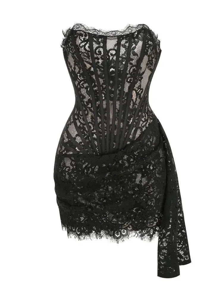 XIAOTANG Elegantes Trägerloses Spitzenkleid für Damen, sexy, modisch, schulterfrei, unregelmäßig gerafft, Bodycon, Nachtclub-Partykleid