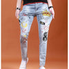 Fashion Printed Jeans Men's Korean Brand Embroidery Badge Pattern Youth Ripped Small Feet Teenagers Cowboy Pencil Pants