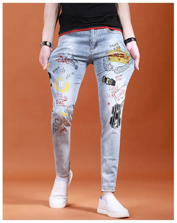 Fashion Printed Jeans Men's Korean Brand Embroidery Badge Pattern Youth Ripped Small Feet Teenagers Cowboy Pencil Pants