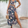 Ärmelloses Damenkleid mit tiefem V-Ausschnitt, bedruckt, hohe Schlitze, sexy Kleider, trendiger Halb-Rock, Damen-Set, leichtes, elegantes Sommer-Set