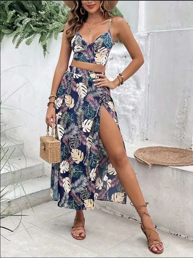 Ärmelloses Damenkleid mit tiefem V-Ausschnitt, bedruckt, hohe Schlitze, sexy Kleider, trendiger Halb-Rock, Damen-Set, leichtes, elegantes Sommer-Set