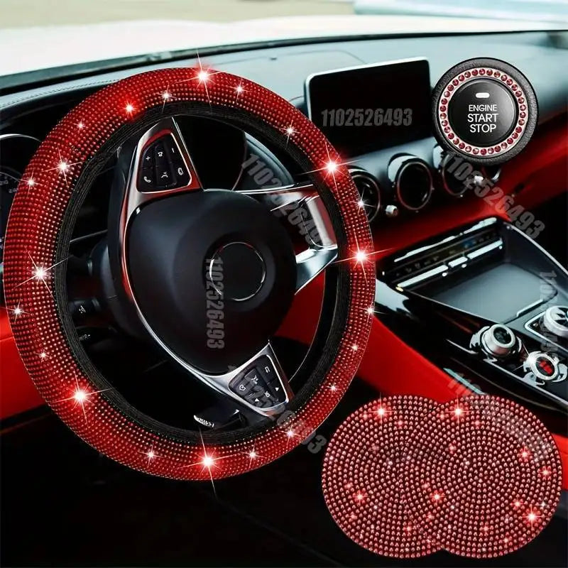 Autozubehör-Set 27/4-teilig Damen Bling Universal Passform Lenkradbezug Polyester Glitzernd Kennzeichenhalter Handyhalter Untersetzer Werkzeuge