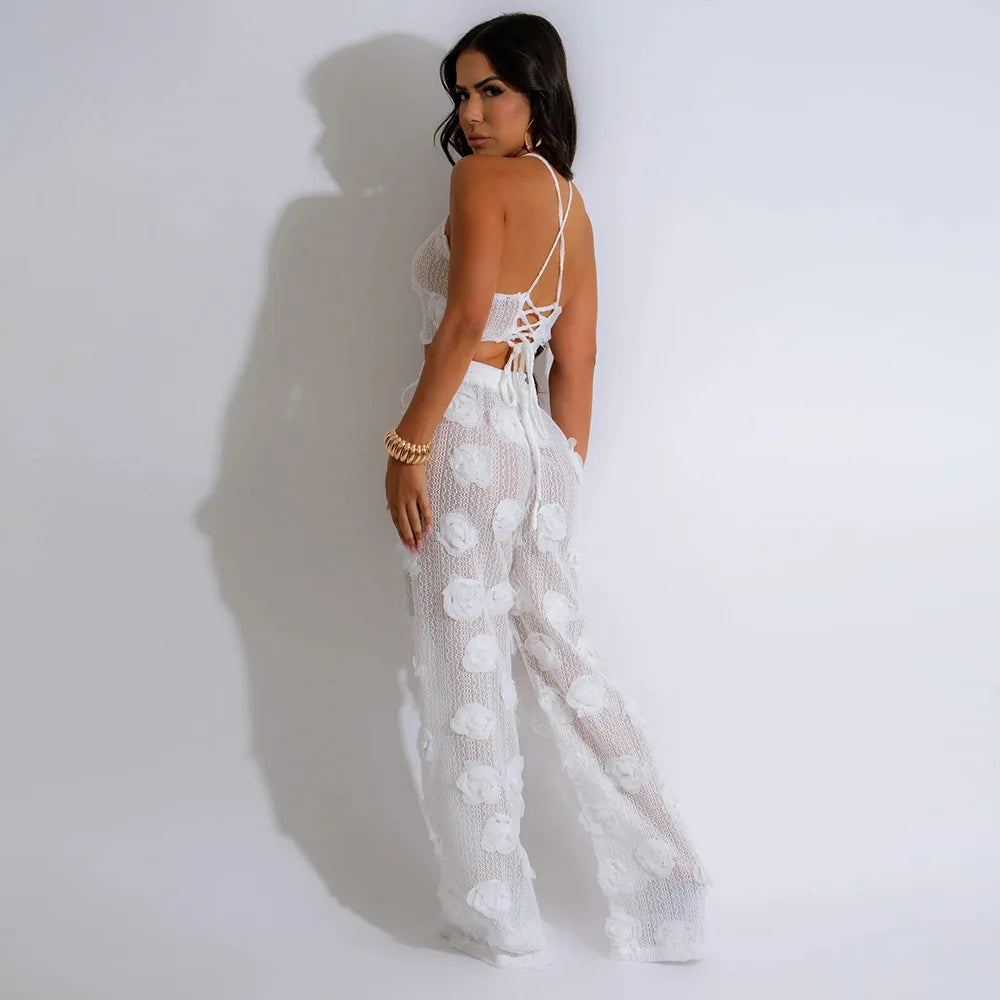 Women Two Piece Pant Sets Sexy Hollow Out Vest Sleeveless Tanks Tops Splice Long Pants Drawstring Streetwear Summer 2025