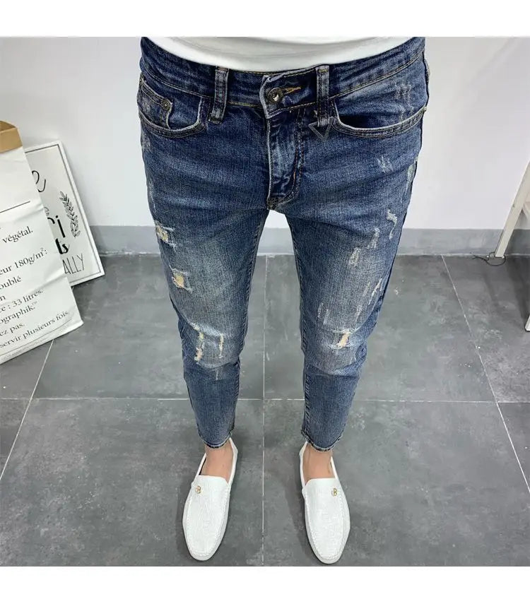 Men's Korean Style Classic Jeans 2023 New Blue Ripped Jeans for Men Fashion Trendy Summer Skinny Ripped Hole Cargo Trousers