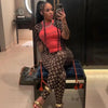Stretch 2 Piece Set Women Short Sleeve T Shirt Tight Pants Moon Print Slimming Sportswear Sexy Base Fashion