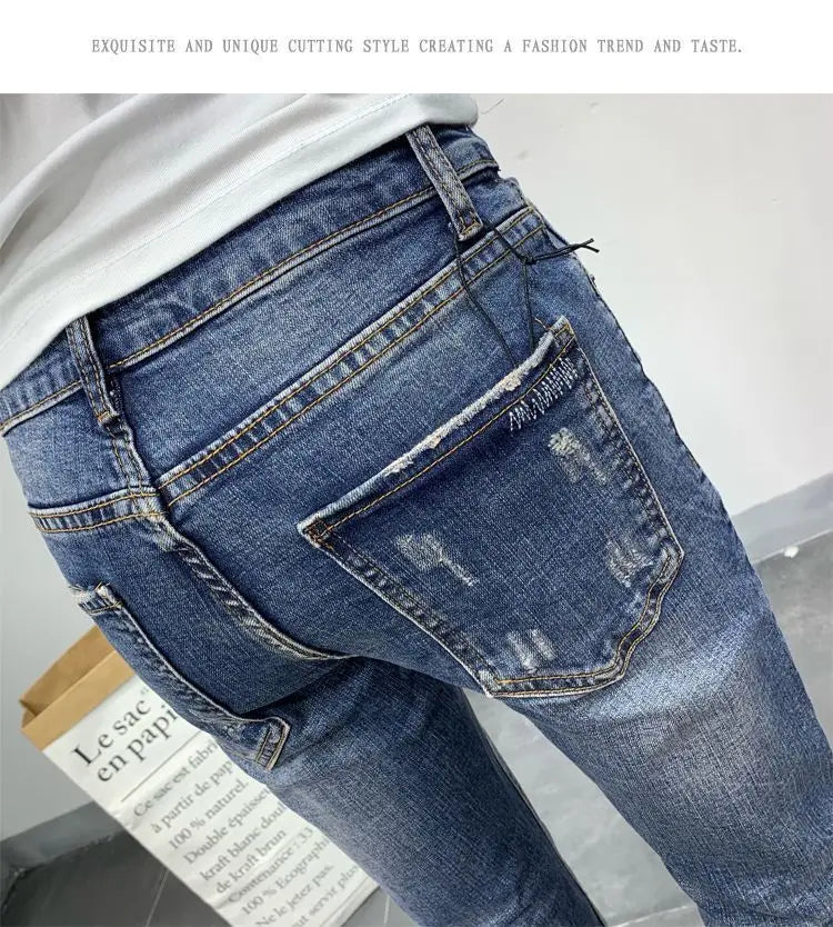 Men's Korean Style Classic Jeans 2023 New Blue Ripped Jeans for Men Fashion Trendy Summer Skinny Ripped Hole Cargo Trousers