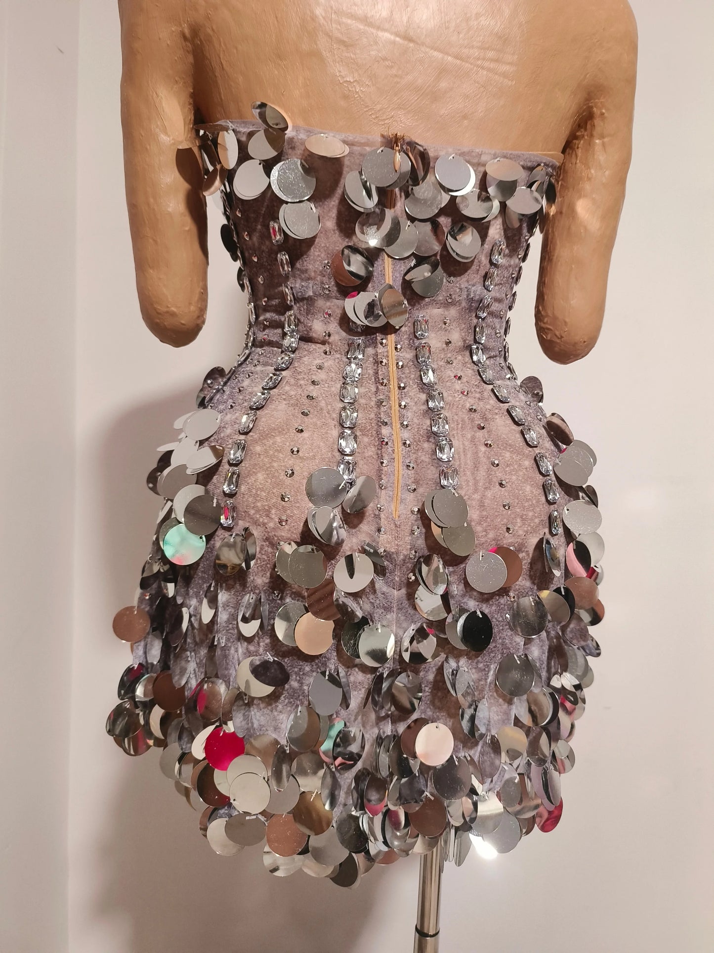 Sparkly Gold Rhinestone Sequins Sexy Strapless Mesh See Through Mini Dress Women Eveing Birthday Party Nightclub Stage Costume