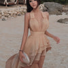 Weird Puss Tierred Tassel Dress Women Backless Sleeveless Halter Gradient Color Lace Pleated Sexy Beach Vacation Party Bodycon