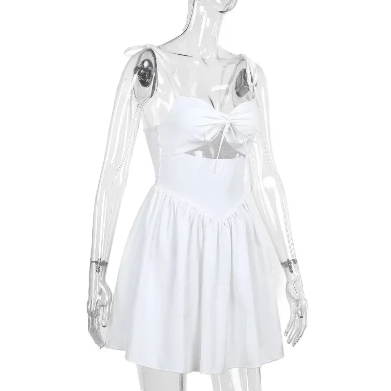 Hollow Ruched  Dress Women Square Collar Lace-up Shoulder Strap Backless Sleeveless Ruffles Street Trend Mini Bodycon