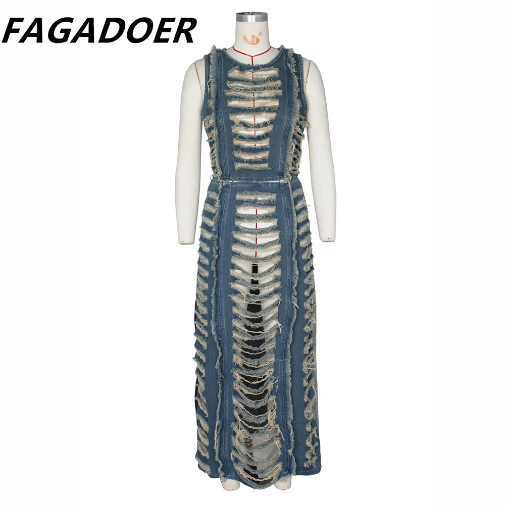 FAGADOER Fashion Streetwear Women Denim Hole Hollow Sleeveless Crop Top And Side Slit Skirts Two Piece Sets Sexy Cowboy Outfits