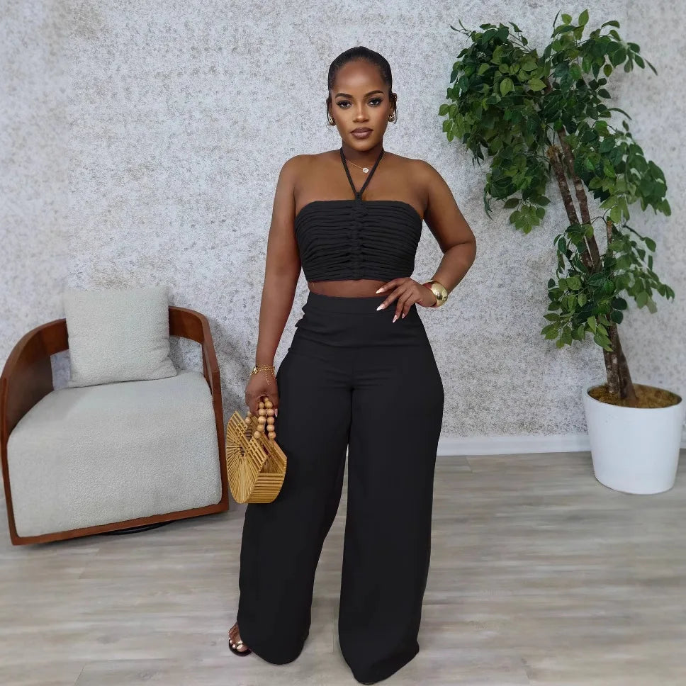Pant Set Women Two Piece Sets Sexy Sleeveless Tops Drawstring Wide Leg Long Pants High Waist Y2k Streetwear Elegant Splice